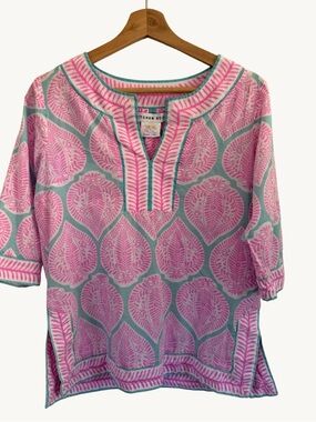 Gretchen Scott Pink Aqua Print Tunic Top XS 100% Cotton Beachy Preppy Blouse